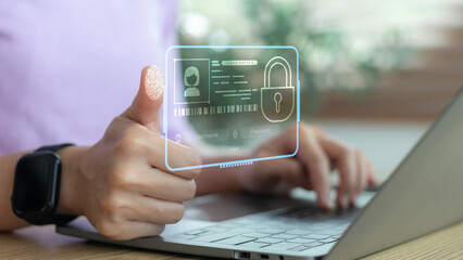Close-up of a hand using a fingerprint biometric scan for secure login. Digital identity verification, cybersecurity protection, personal data safety, and online access authentication concept.