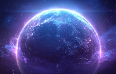 A vibrant, stylized Earth-like planet glows with purple and blue energy, encircled by nebulae and starlight, suggesting a fantasy or sci-fi setting