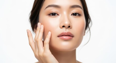 Fototapeta premium Beautiful asian woman with radiant skin, applying facial cream for hydration and a healthy glow, closeup portrait