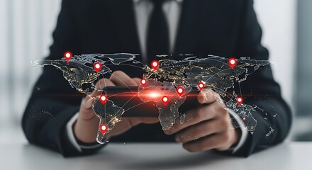 Businessman Using Smartphone To Connect Global Network With Location Pins, Technology