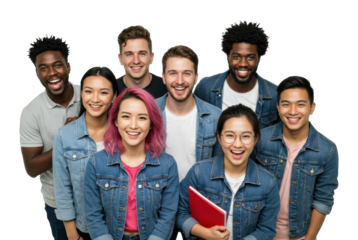 Diverse group of young adults smiling in denim jackets. Cut out PNG