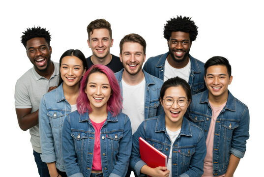 Diverse group of young adults smiling in denim jackets. Cut out PNG