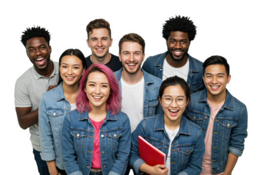 Diverse group of young adults smiling in denim jackets. Cut out PNG