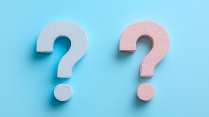 Two pastel-colored question marks on a light blue background.