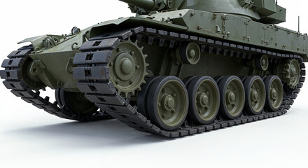 Close-up of battle tank tracks on a clean white background, detailed and rugged.