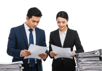 Asian business professionals reviewing documents in formal attire, surrounded by stacks of papers. Cut out PNG
