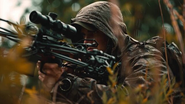 Young Man in Hunting Gear Holding Crossbow Outdoors