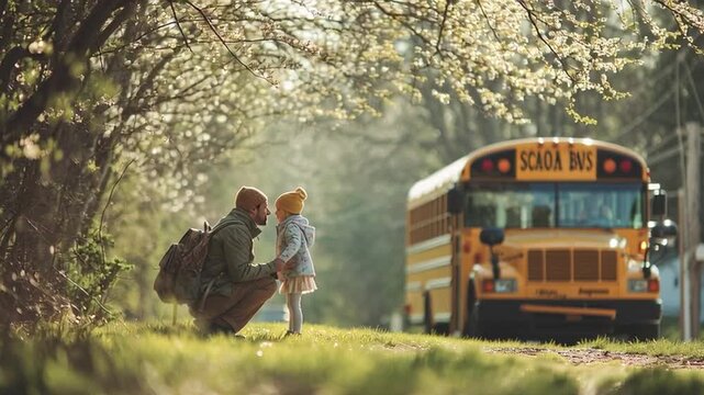 Emotional School Bus Goodbye in Leafy Spring Park