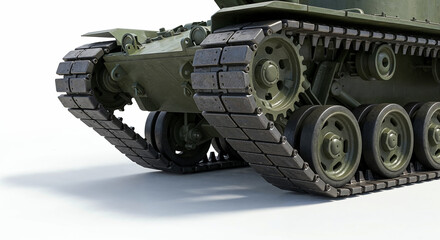 Close-up of battle tank tracks on a clean white background, detailed and rugged.