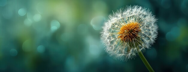 Close-up of a delicate dandelion with seeds on a vibrant green spring background, soft focus, blurred backdrop, perfect for adding text or design elements.