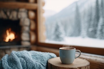 Warm cup rests on wooden table by cozy fireplace, snowy landscap
