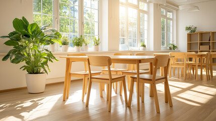 Obraz premium Bright modern empty classroom with wooden desks, chairs, sunlight and potted plant