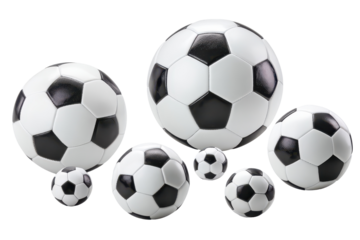 Different sizes of soccer balls arranged on a white background for various ages and skill levels in sports activities