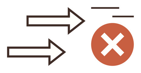 Two bold arrows directed towards a red circle with a cross, indicating rejection, prohibition, or incorrect action. Ideal for error notification, redirection, cautionary signals, warning, no entry