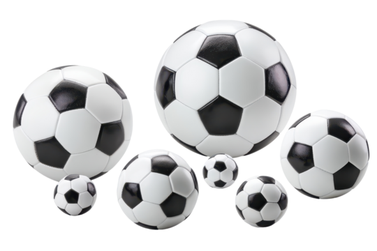 Different sizes of soccer balls arranged on a white background for various ages and skill levels in sports activities