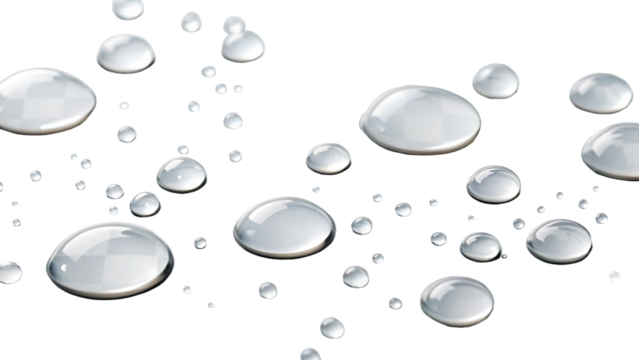 Close up macro view of clear water droplets scattered across a stark black background