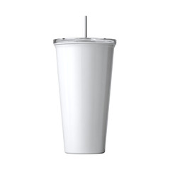 Frost white tumbler with clean matte surface, tapered shape and soft-edged handle, flat lid with straw and sip ports, backlit for shadow emphasis, isolated transparent background