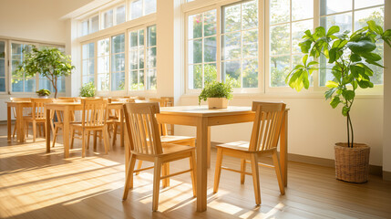 Obraz premium Bright modern empty classroom with wooden desks, chairs, sunlight and potted plant