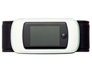 Medical wrist monitor with a digital screen and fabric strap on a transparent background