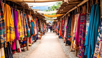 Obraz premium Walking Through a Vibrant Outdoor Market with Colorful Fabric
