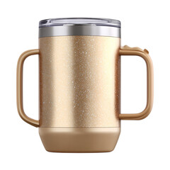 Golden sand color tumbler with satin metal body and chunky silicone grip on handle, light condensation effect for realism, angled slightly forward, isolated transparent background