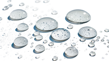 Macro view of water droplets with internal bubbles on a dark reflective surface