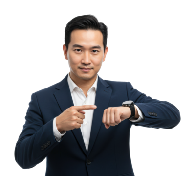Asian young adult male in suit pointing at wristwatch. Cut out PNG