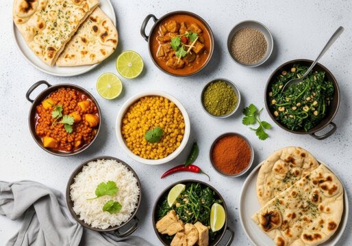 An overhead view of a diverse indian food spread, including naan, curry, rice, lentils, and spinach, offering a flavorful culinary experience