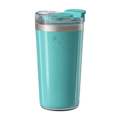 Obraz premium Ocean teal travel tumbler with narrow base and angled side handle, finely detailed lid with straw plug cover, condensation near lid edge, crisp shadow below, isolated transparent background
