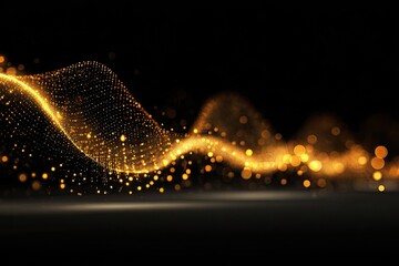 Abstract gold particle wave on black background