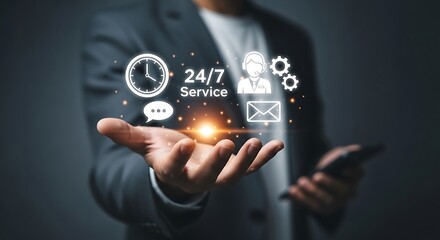 24/7 Customer Service Concept With Businessman Offering Support And Assistance Worldwide