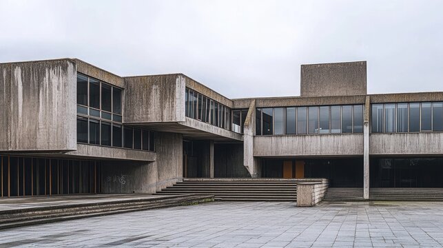 Brutalist Institutional Concrete Building with Windows and Platforms