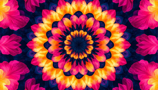 This vibrant digital art kaleidoscope mandala pattern displays intricate radial symmetry, utilizing abstract floral shapes in a bright hot pink and orange composition against a dark indigo background. - Powered by Adobe