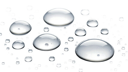 Macro view of translucent water droplets reflecting light on a dark textured surface