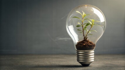Eco Plant Growing Inside a Lightbulb on Wooden Surface &ndash; Symbol of Green Innovation