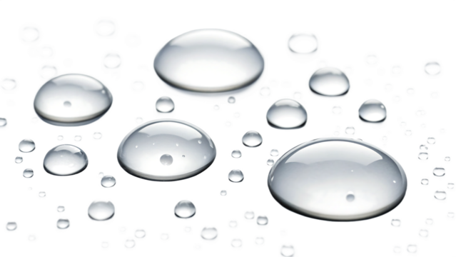 Macro view of translucent water droplets reflecting light on a dark textured surface