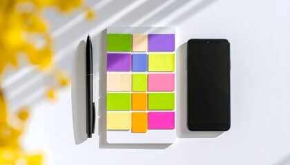 Overhead view of minimalist workspace with sticky notes