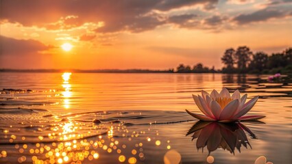 Radiant Sunset Reflected on Water &ndash; Golden Hour Light and Sparkling Surface