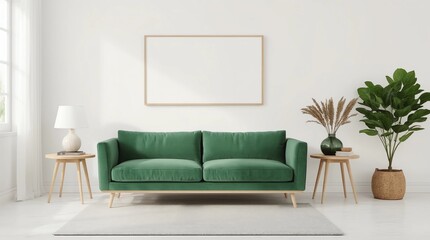 Home interior mock-up with green sofa, wooden table and trendy decoration in white bright living room, 3d render 