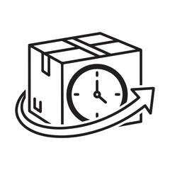 Package box with clock and rotating arrow, black and white vector illustration