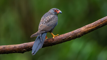 Fototapeta premium Detailed Portrait of a Beautiful Asian Fairy Bluebird Perched on a Branch in a Lush Rainforest Setting with Vibrant Green Foliage and Natural Lighting