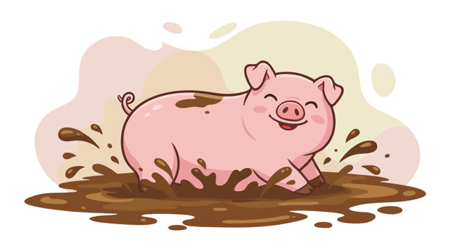 Playful Vector Illustration of a Smiling Pig in Mud in Cartoon Style with Soft Pink and Brown Colors