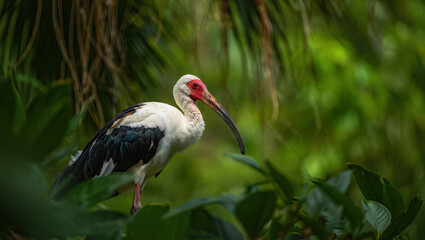 Striking White Ibis Portrait Amidst Lush Foliage A Captivating Bird Image Showcasing Wildlife in Natural Surroundings A Detailed Avian Photography