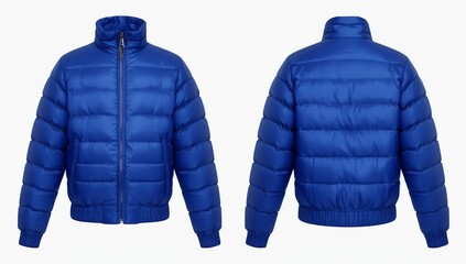 Blank template blue down jacket with zipped, front and back view isolated on white background. Mockup winter sport jacket for your design