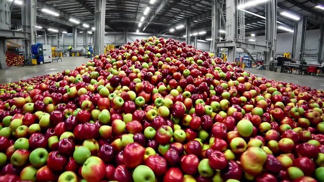 High quality 4K factory footage of a massive apple pile ready for processing with fruit rolling down a slope toward production perfect for agricultural or food manufacturing storytelling
