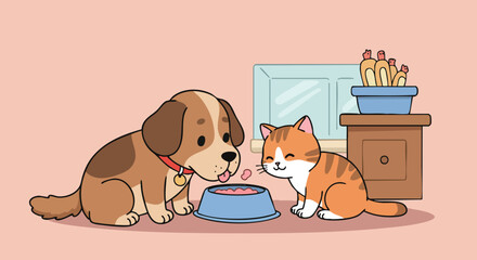 Vector Illustration of Dog and Cat in Cute Cartoon Style with Warm Colors for Pet Animal Design