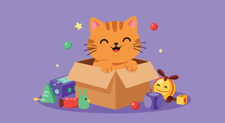 Vector Illustration of Playful Cat in Box with Toys in Modern Cute Style Bright Colors