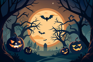 Fototapeta premium A spooky halloween night scene with pumpkins, bats and a full moon