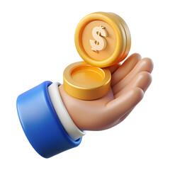 Golden coins held in cartoon hand isolated on a transparent background