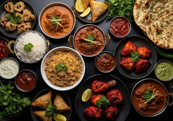 A vibrant spread of indian cuisine featuring various dishes like curry, rice, naan, and chicken tikka, perfect for a delicious meal